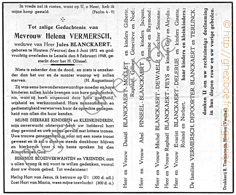Helena VERMERSCH weduwe van Jules BLANCKAERT, overleden te Leisele, den 8 Februari 1948.